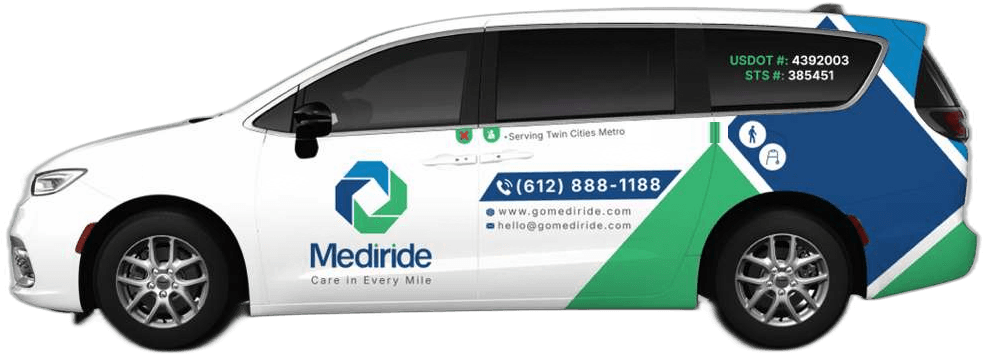 A Mediride vehicle in the company's blue and green livery, showing the Mediride logo and the Care in Every Mile tagline